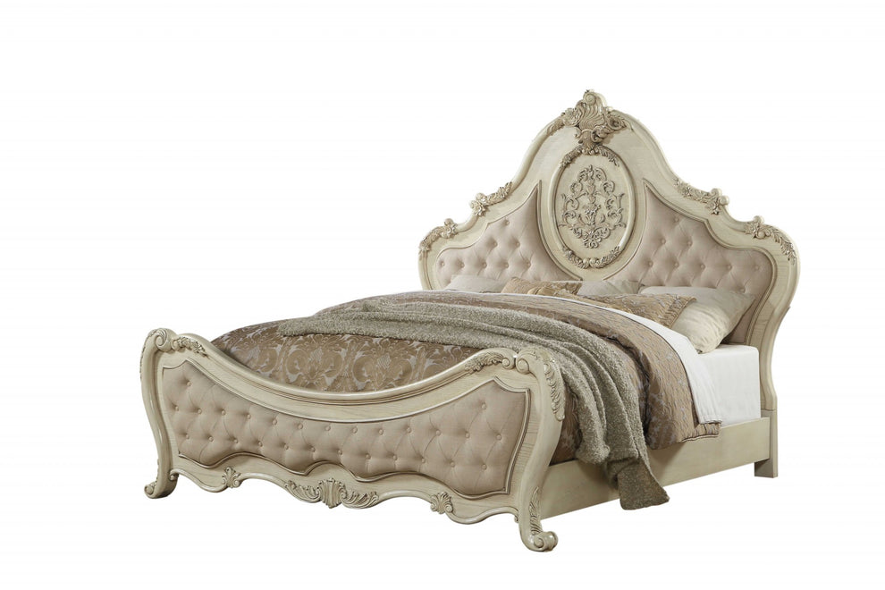 Beige Linen Antique White Wood Upholstery Eastern King Bed By Homeroots | Beds | Modishstore - 2