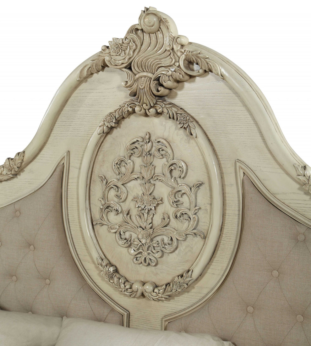 Beige Linen Antique White Wood Upholstery Eastern King Bed By Homeroots | Beds | Modishstore - 3