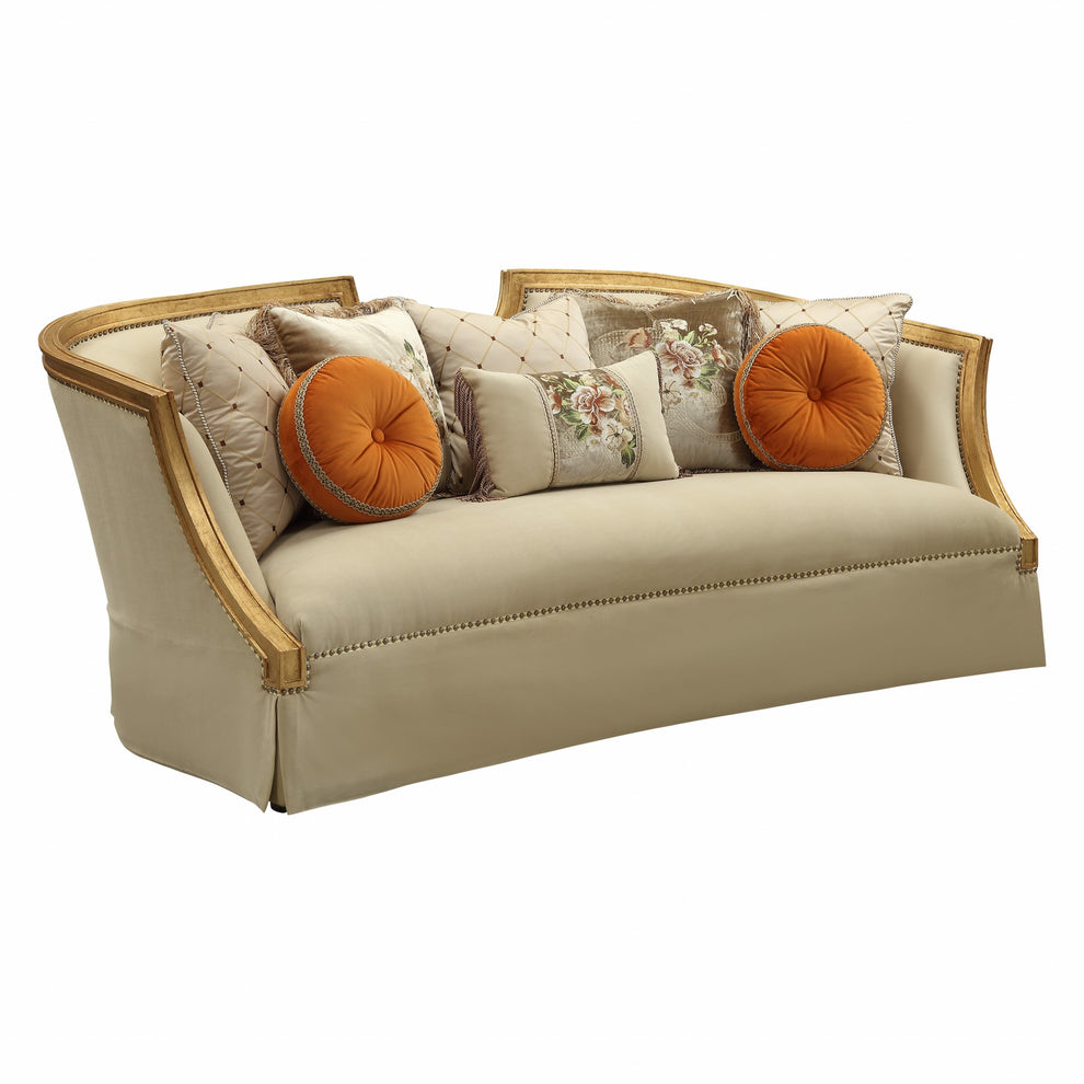 Fabric Antique Gold Upholstery Wood LegTrim Sofa w Pillows By Homeroots | Sofas | Modishstore - 3