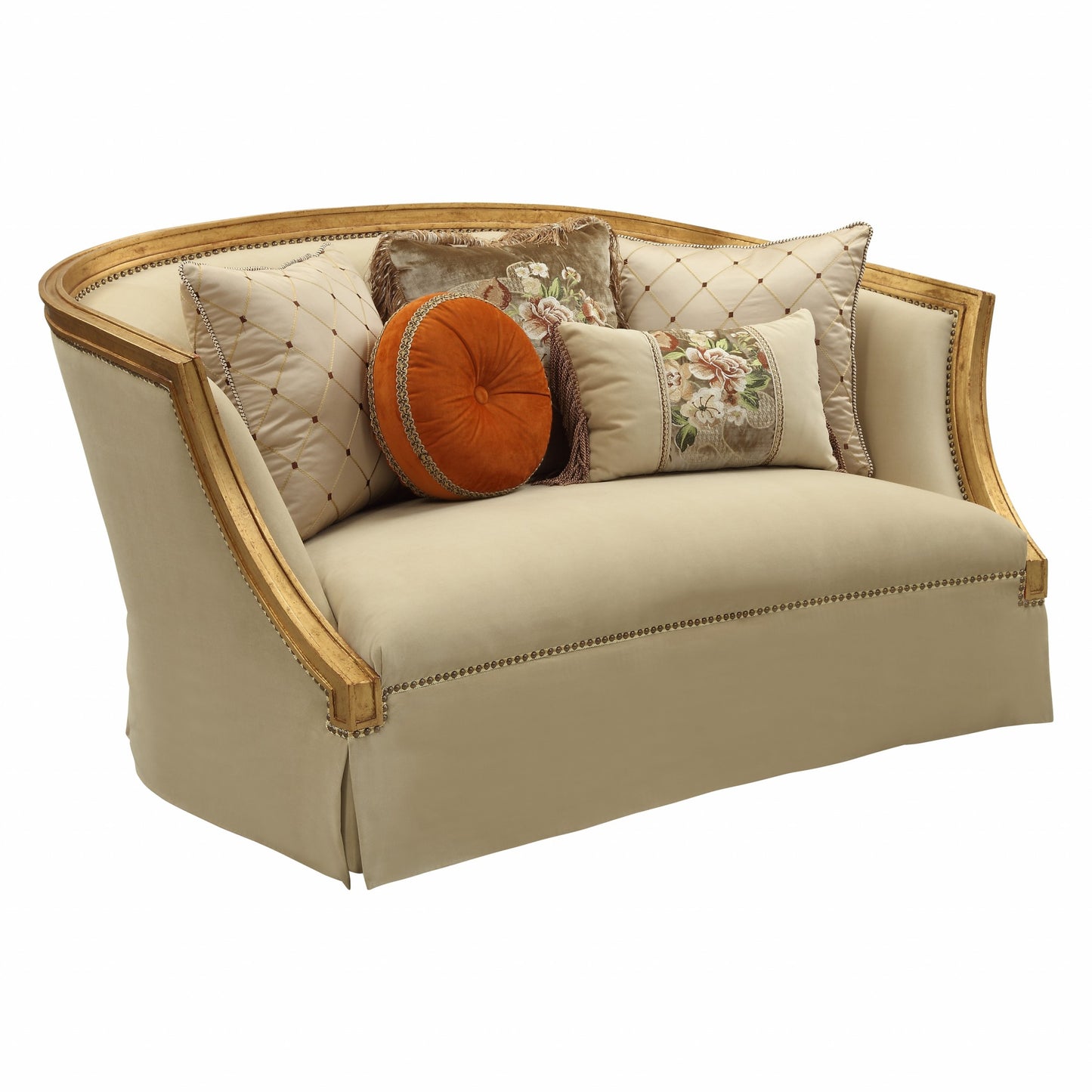 Fabric Antique Gold Upholstery Wood LegTrim Loveseat w Pillows By Homeroots | Loveseats | Modishstore