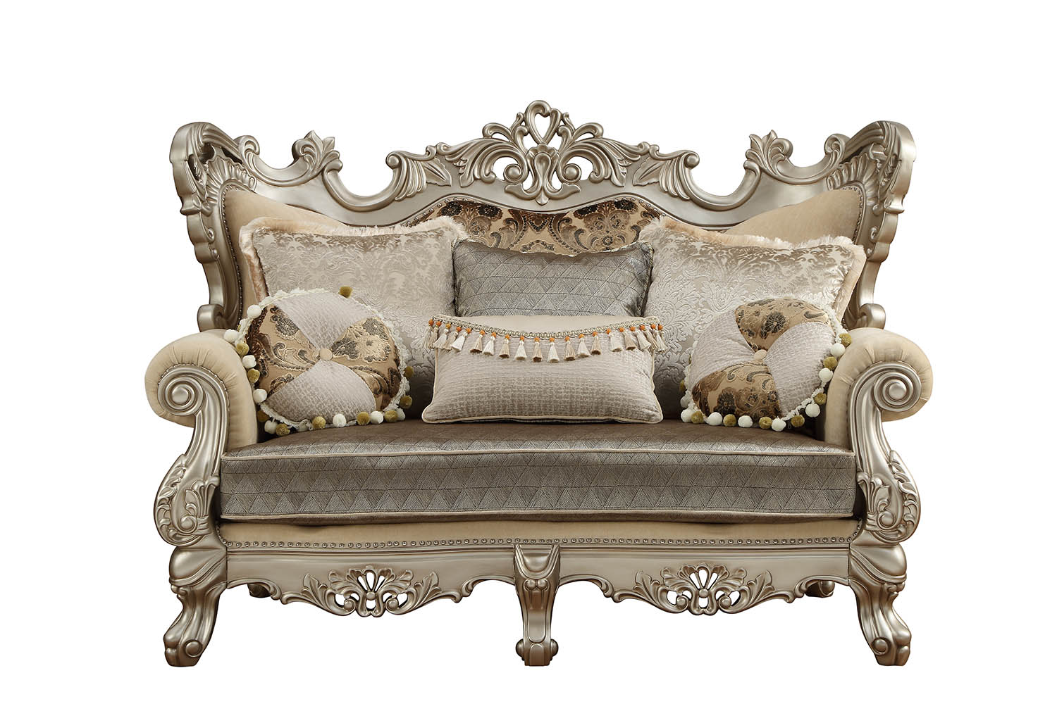 Fabric & Champagne Upholstery Wood LegTrim Loveseat w Pillows By Homeroots | Loveseats | Modishstore