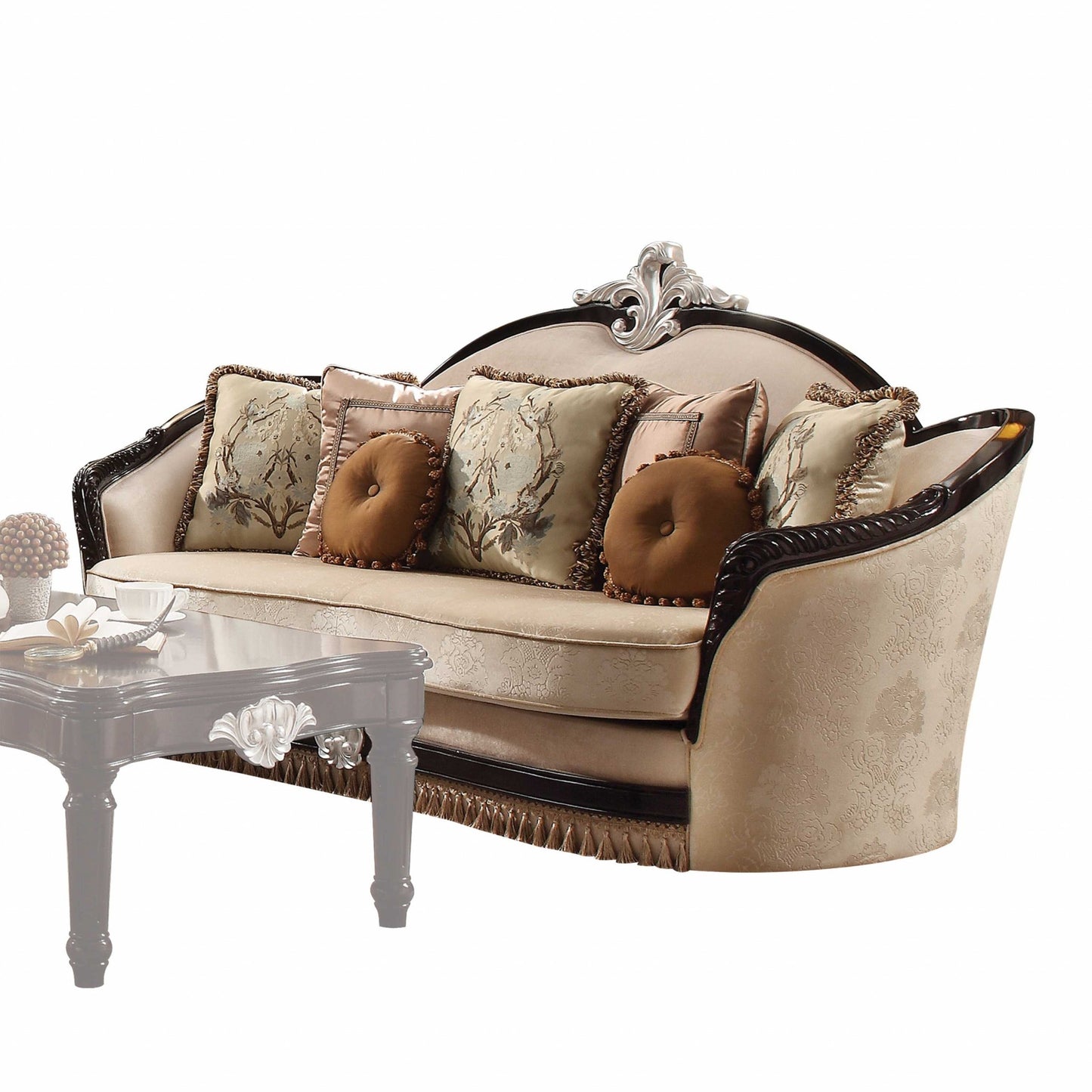 Tan Fabric Black Upholstery Wood Sofa w Pillows By Homeroots | Sofas | Modishstore