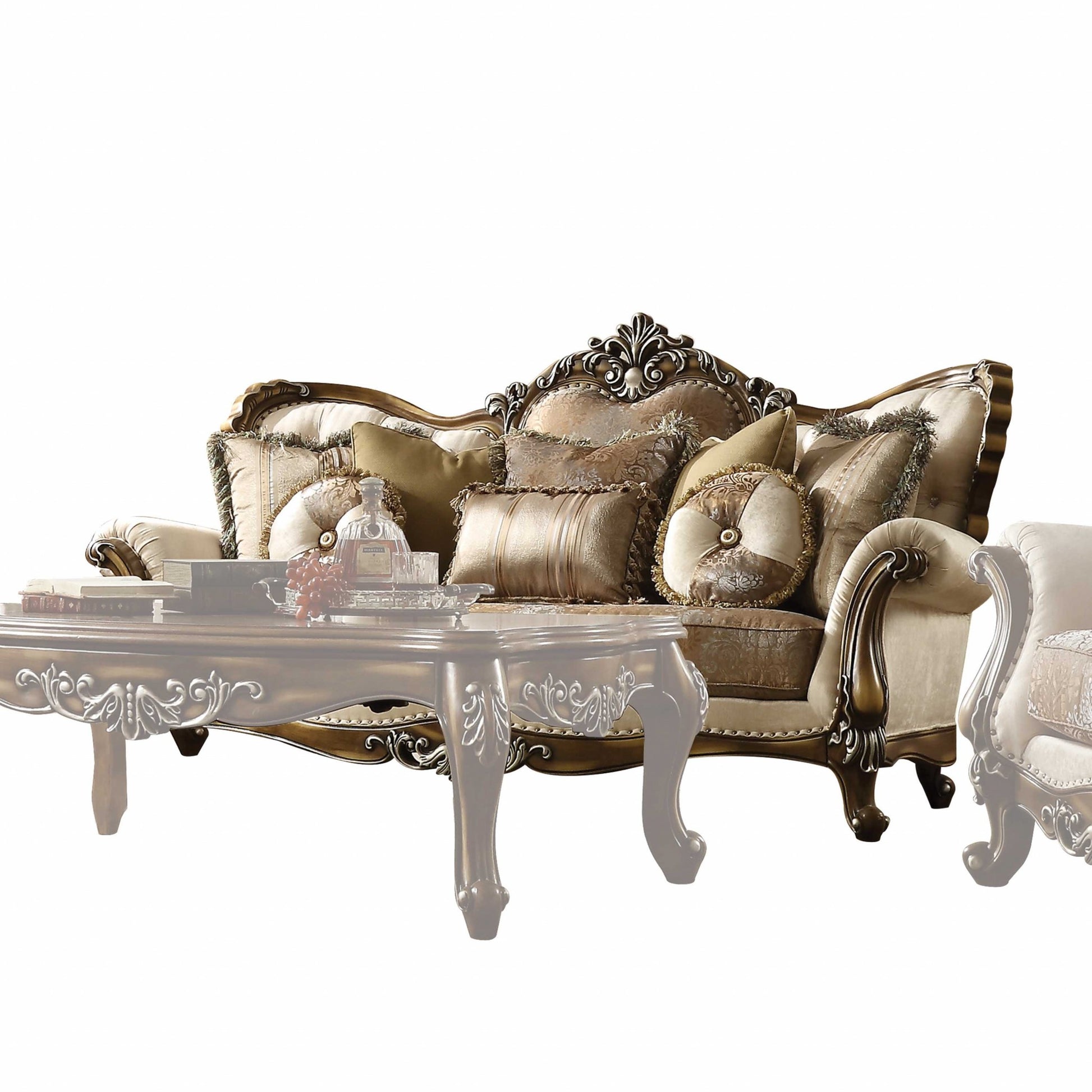 Tan Pattern Fabric Antique Oak Upholstery Wood Sofa w Pillows By Homeroots | Sofas | Modishstore