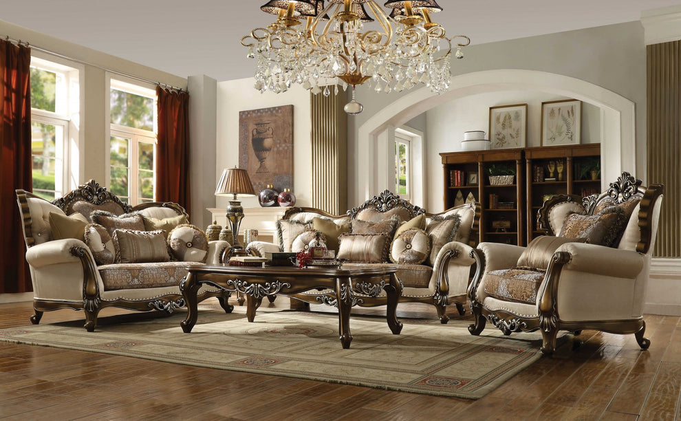 Tan Pattern Fabric Antique Oak Upholstery Wood Sofa w Pillows By Homeroots | Sofas | Modishstore - 2
