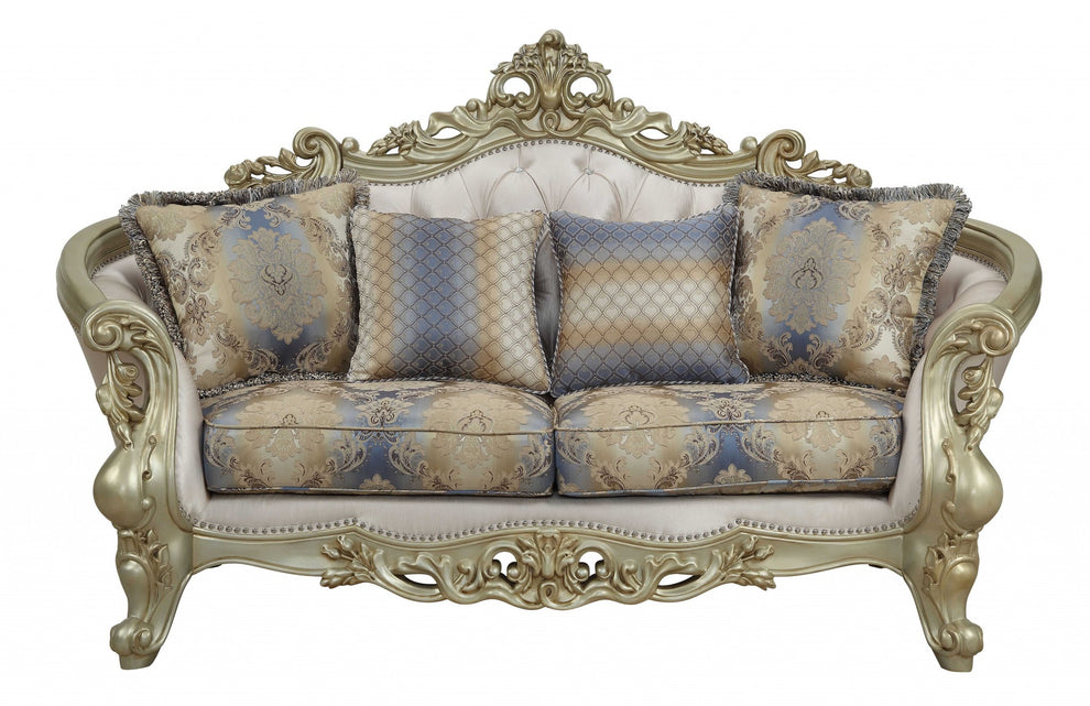 Fabric Antique White Upholstery Poly-Resin Loveseat w Pillows By Homeroots | Loveseats | Modishstore - 2