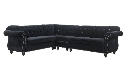 Black Velvet Upholstery Wood Leg Sectional Sofa By Homeroots | Sectional | Modishstore