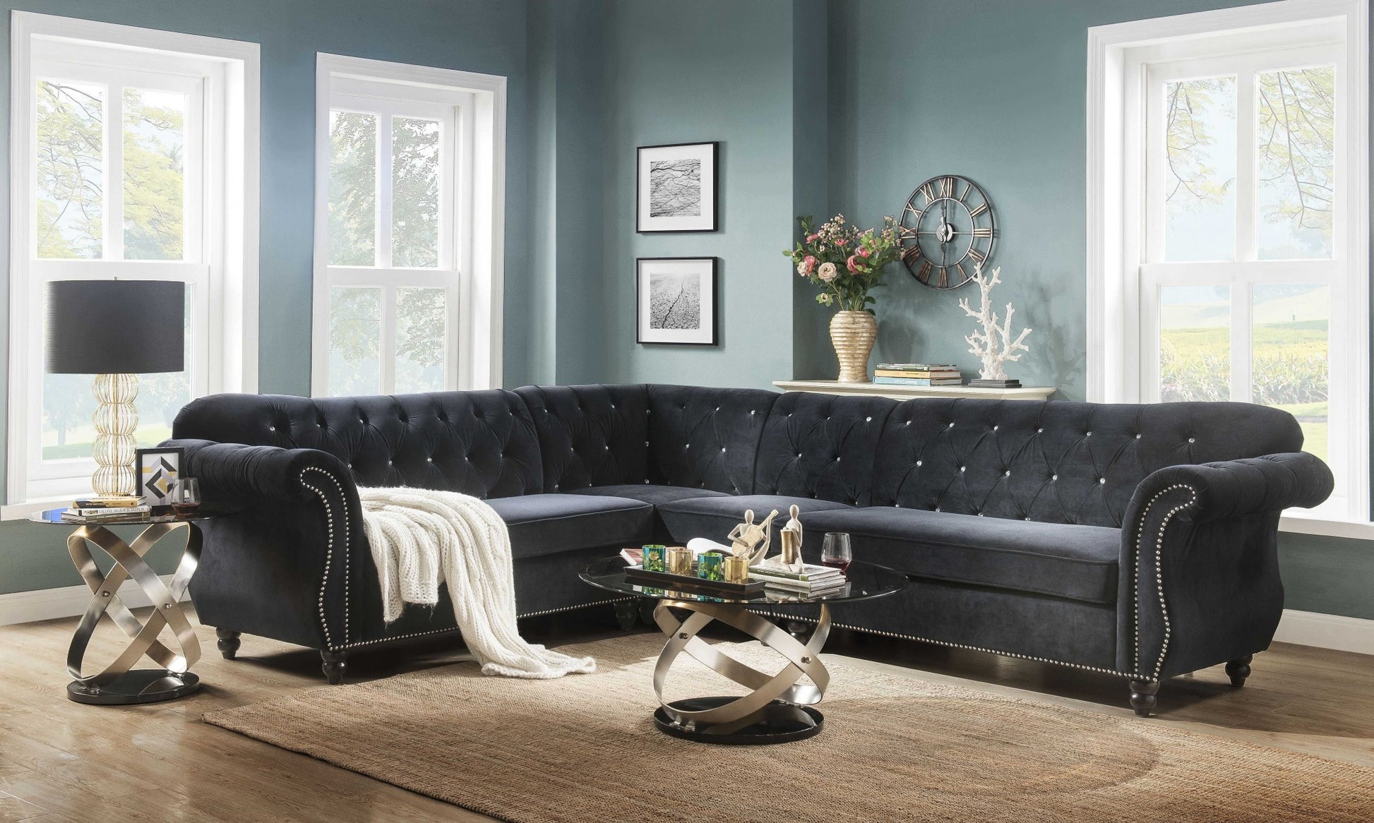 Black Velvet Upholstery Wood Leg Sectional Sofa By Homeroots | Sectional | Modishstore - 2