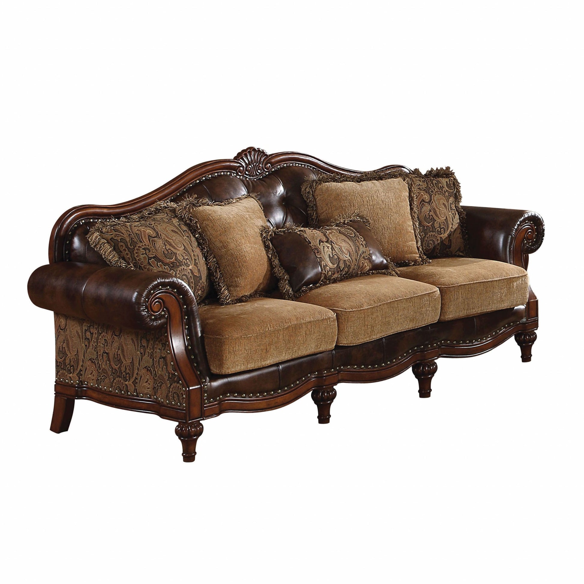 Tone Brown PU Chenille Upholstery Wood Sofa w Pillows By Homeroots | Sofas | Modishstore