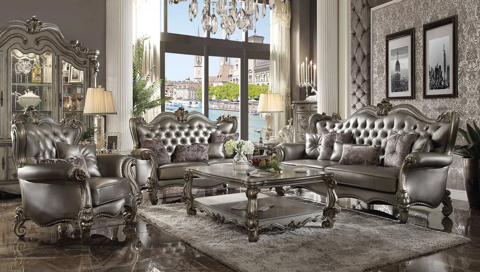 Silver PU Antique Platinum Upholstery Poly Resin Sofa w Pillows By Homeroots | Sofas | Modishstore - 2