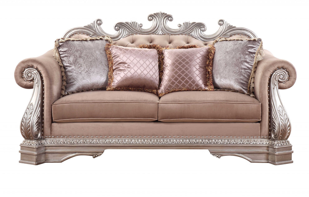 Velvet Antique Champagne Upholstery Poly-Resin Loveseat w Pillows By Homeroots | Loveseats | Modishstore - 3