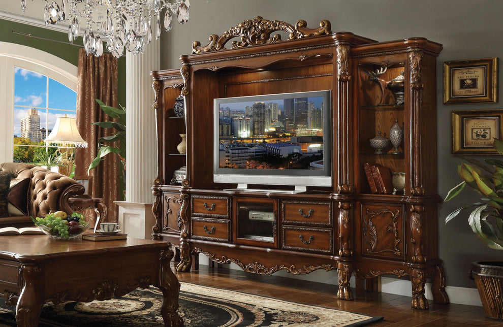 Cherry Oak Wood Poly Resin Glass Entertainment Center By Homeroots - 348658 | TV Stands | Modishstore - 2