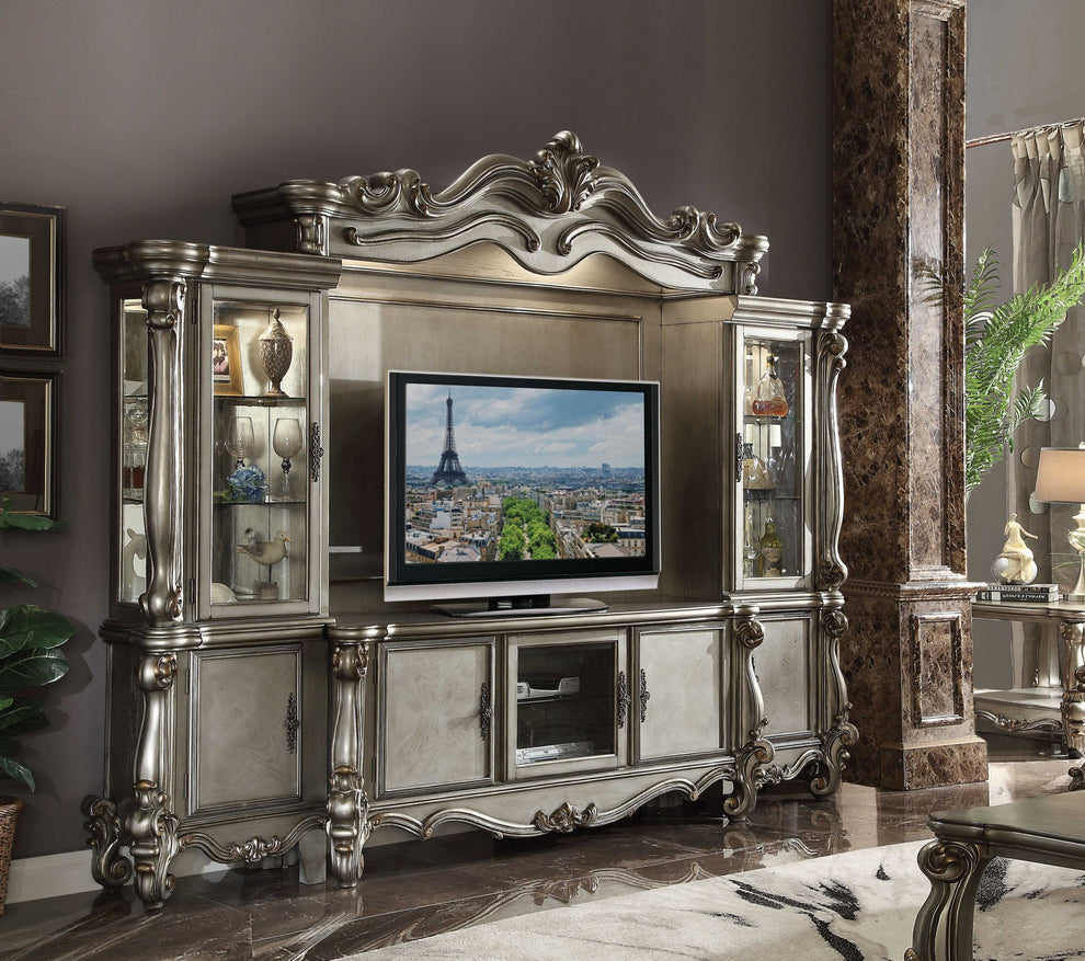 Antique Platinum Wood Poly Resin Glass Entertainment Center By Homeroots | TV Stands | Modishstore - 2