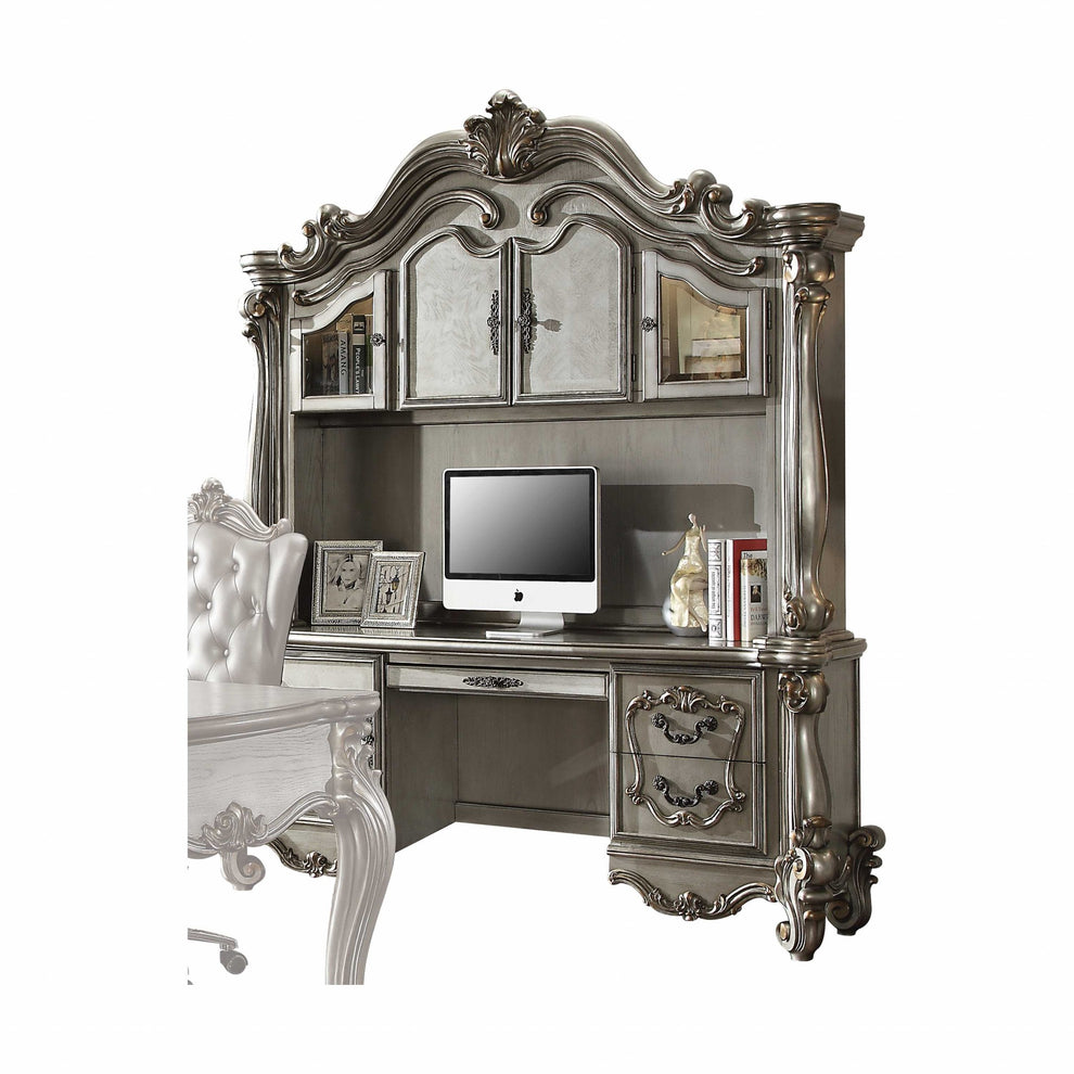 Antique Platinum Wood Poly Resin Glass Computer Desk & Hutch By Homeroots | Desks | Modishstore - 2