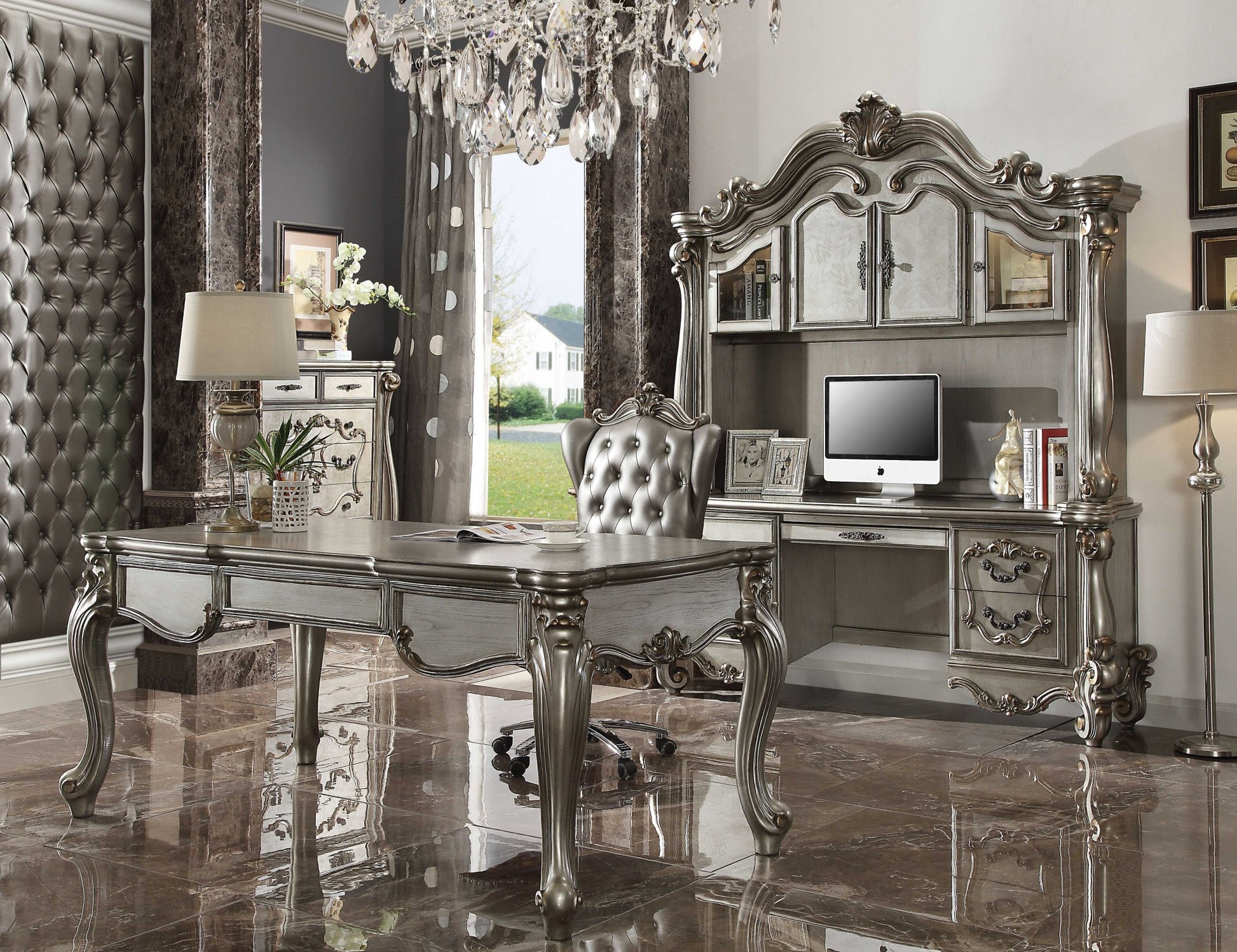 Antique Platinum Wood Poly Resin Glass Computer Desk & Hutch By Homeroots | Desks | Modishstore