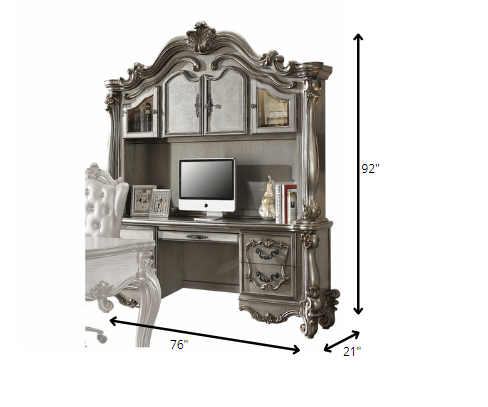 Antique Platinum Wood Poly Resin Glass Computer Desk & Hutch By Homeroots | Desks | Modishstore - 3