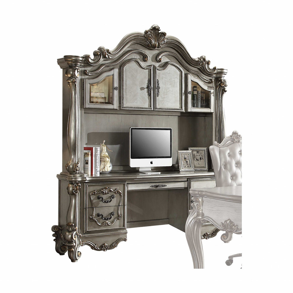 Antique Platinum Wood Poly Resin Glass Computer Desk & Hutch By Homeroots | Desks | Modishstore - 4