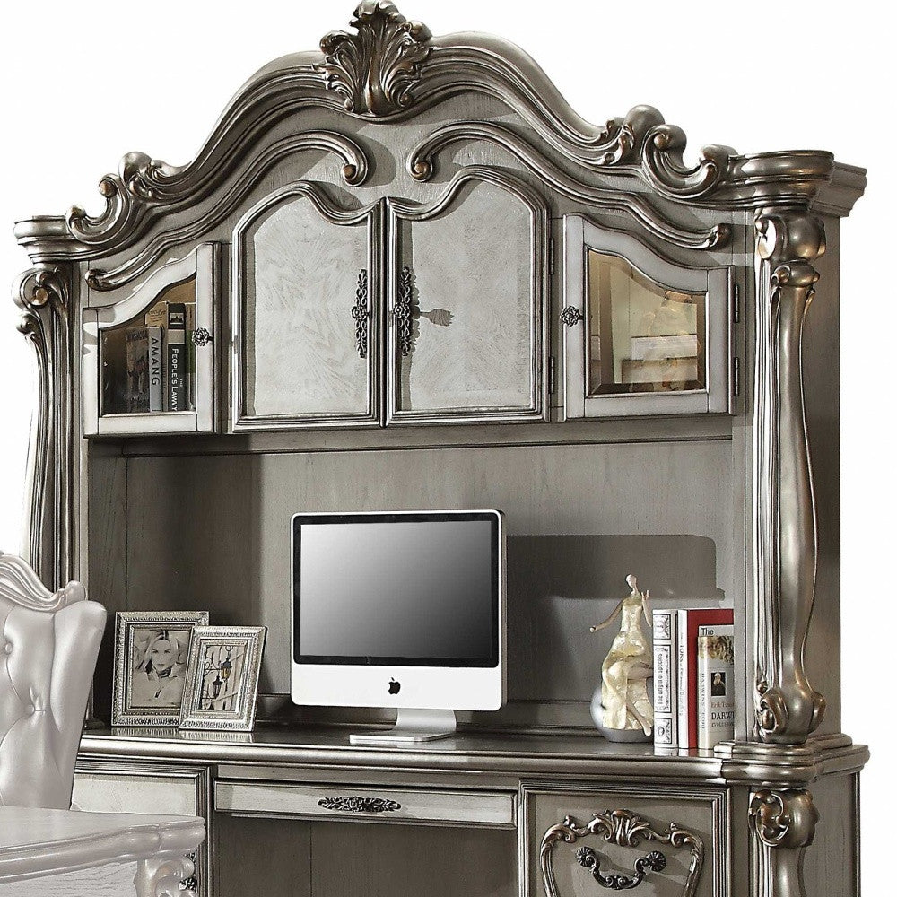 Antique Platinum Wood Poly Resin Glass Computer Desk & Hutch By Homeroots | Desks | Modishstore - 5