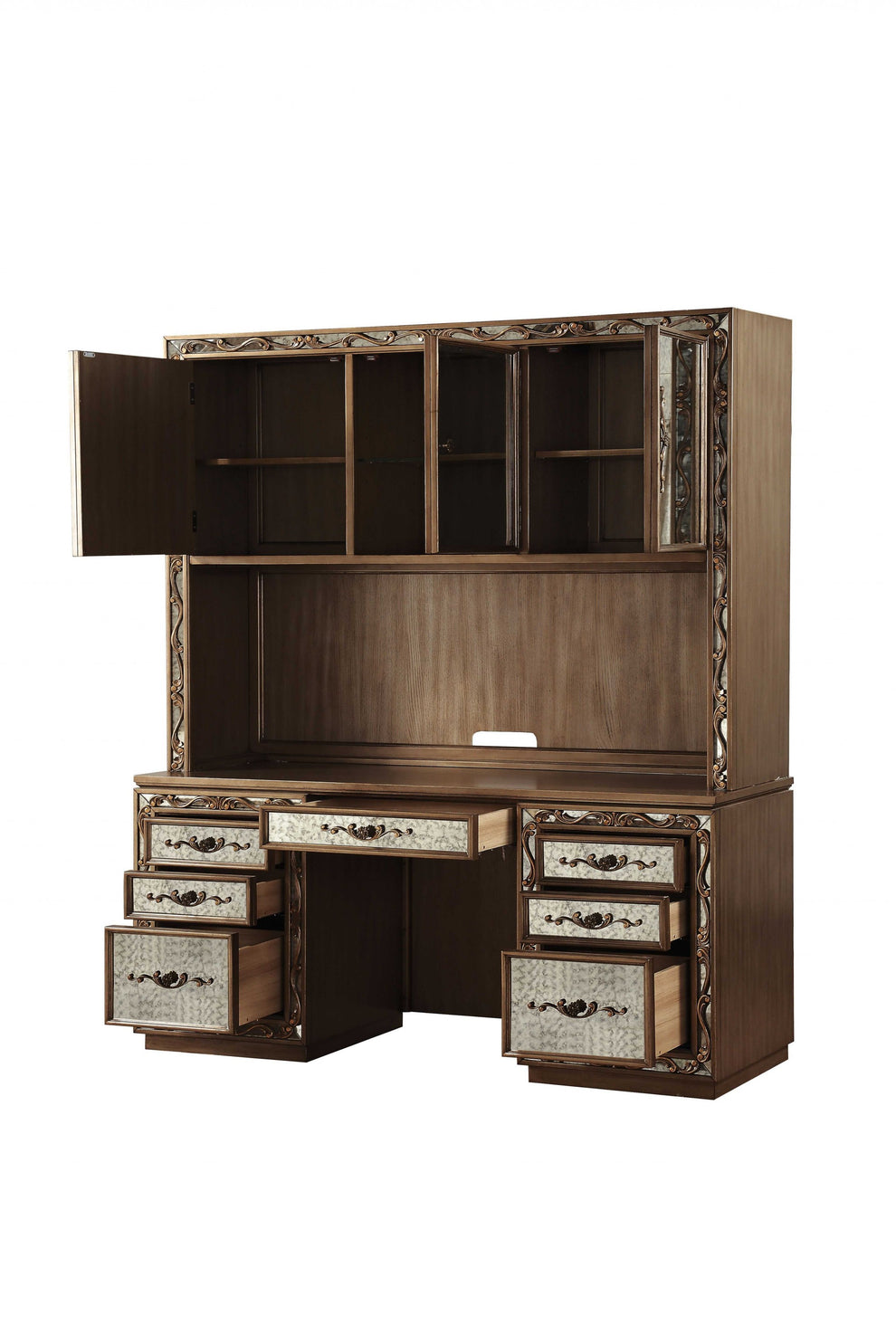Antique Gold Wood Glass Mirror Computer Desk Hutch By Homeroots | Desks | Modishstore - 3