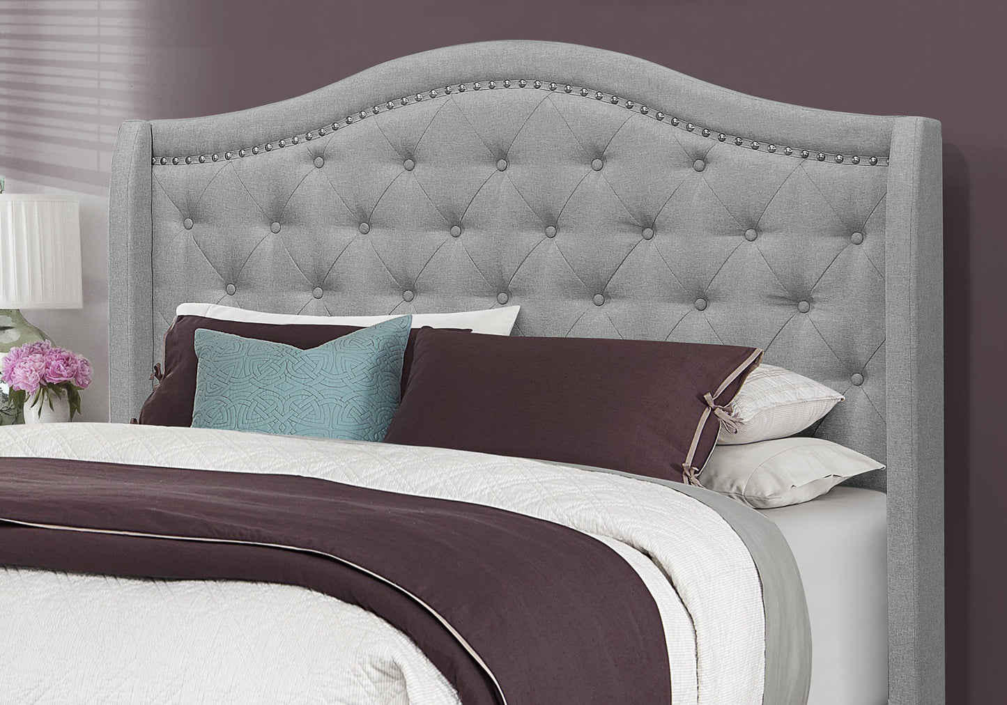 Grey Linen With Chrome Trim - Queen Size Bed By Homeroots | Beds | Modishstore - 2