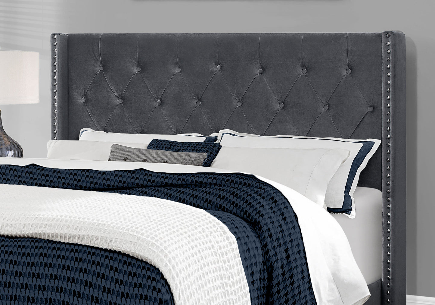 Light Grey Velvet With Chrome Trim Queen Size Bed By Homeroots | Beds | Modishstore - 6