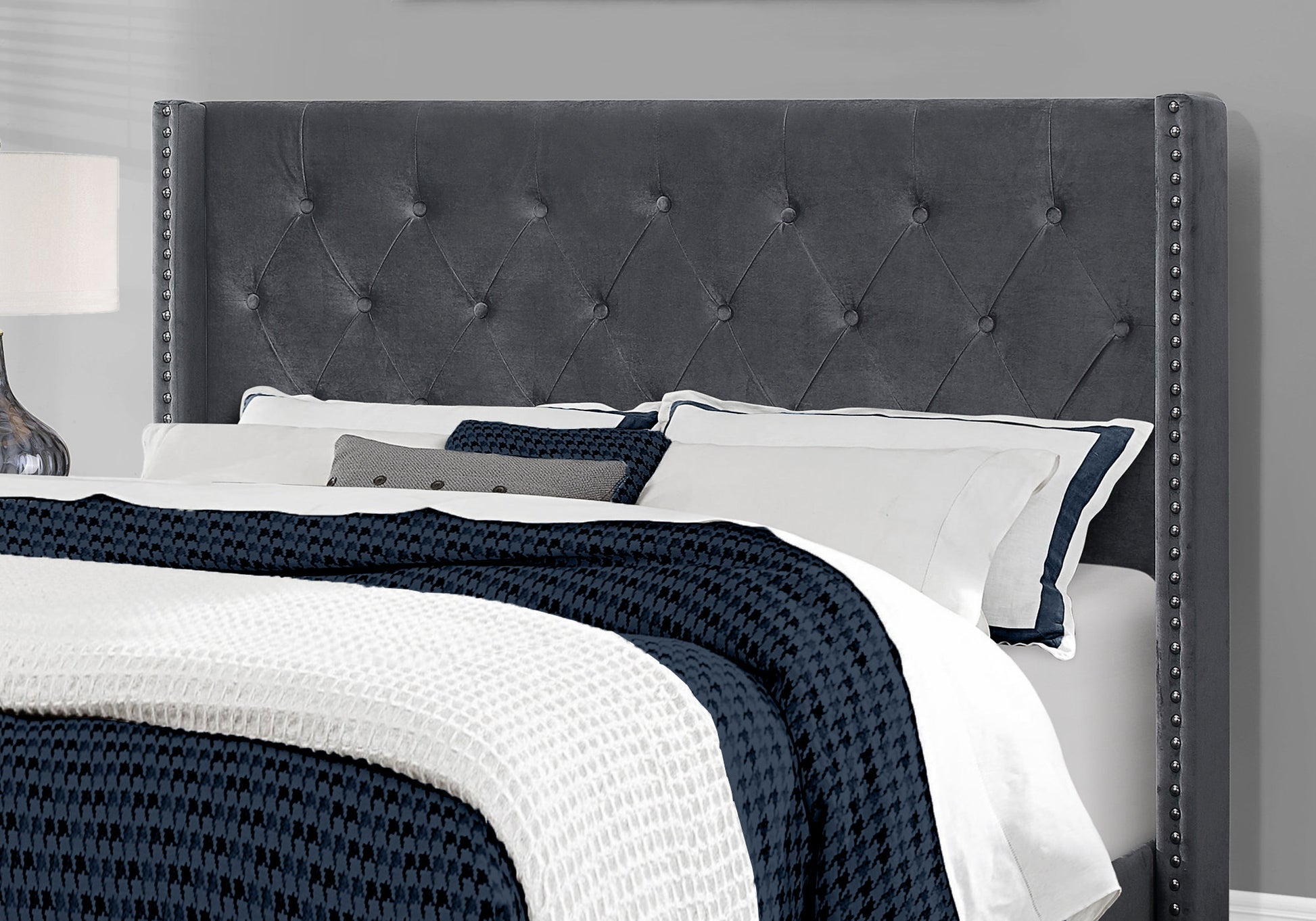 Light Grey Velvet With Chrome Trim Queen Size Bed By Homeroots | Beds | Modishstore - 6