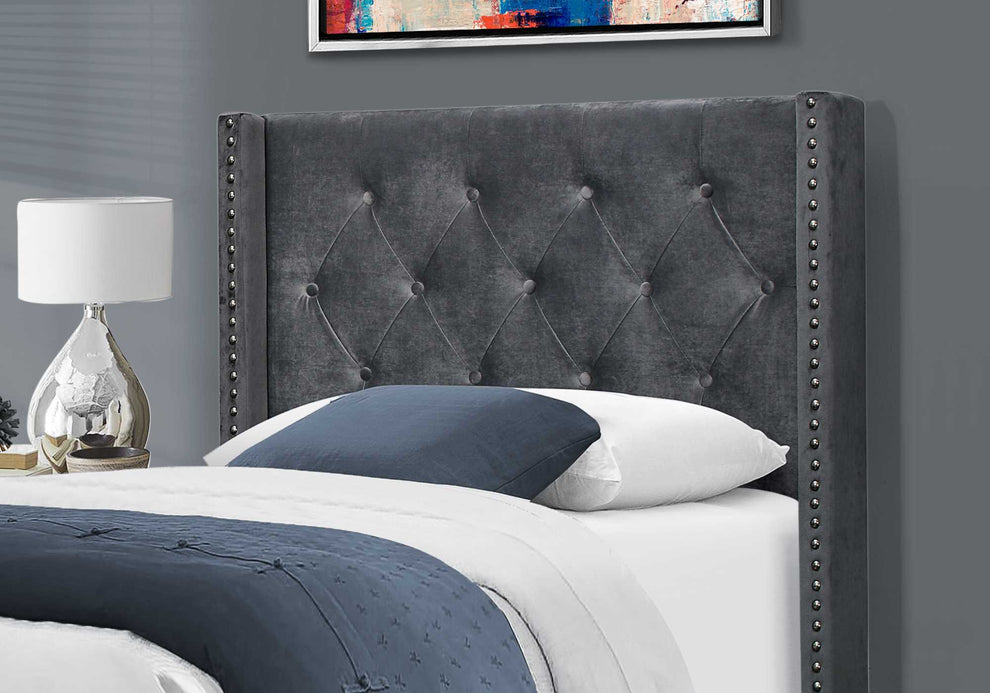 Dark Grey Velvet With Chrome Trim - Twin Size Bed By Homeroots | Beds | Modishstore - 2