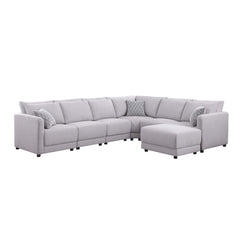 Penelope Light Gray Linen Fabric Reversible 7 PC Modular Sectional Sofa with Ottoman and Pillows By Lilola Home