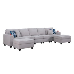 Cooper Light Gray Linen 5-Seater Sofa with 2 Ottomans and Cupholder By Lilola Home