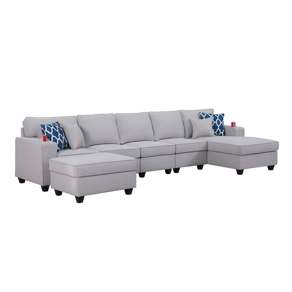 Cooper Light Gray Linen 6Pc Sectional Sofa Chaise with Ottoman and Cupholder By Lilola Home | Sofas | Modishstore