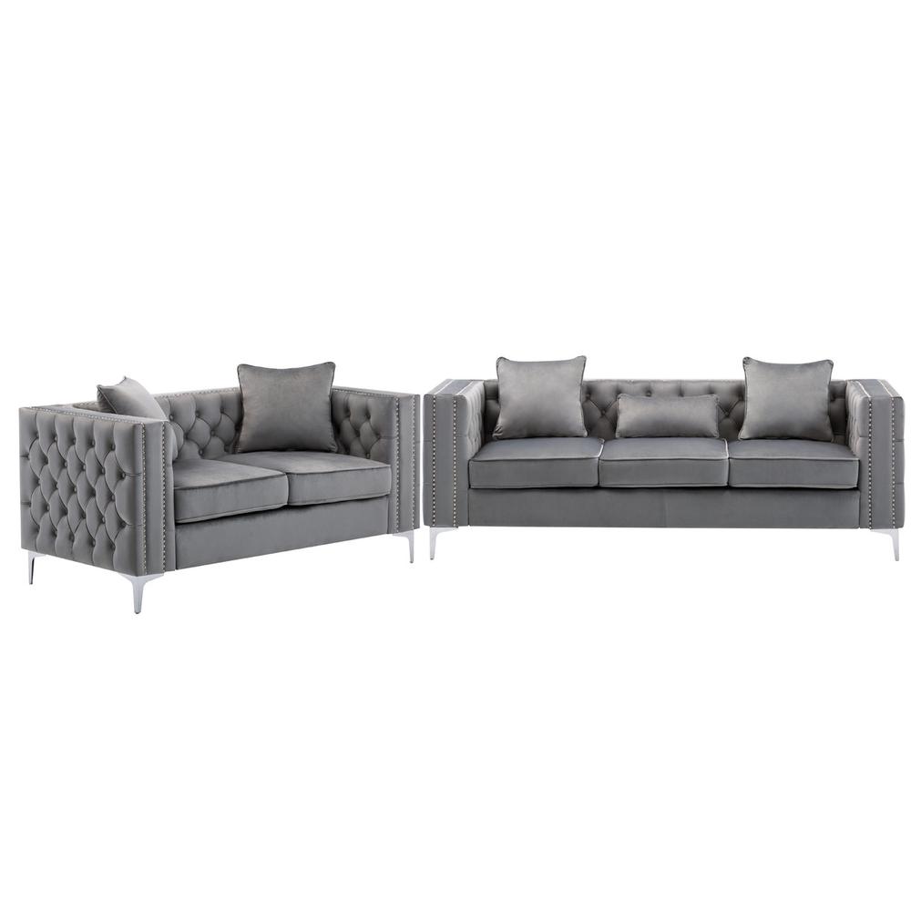 Lorreto Gray Velvet Fabric Sofa Loveseat Chair Living Room Set By Lilola Home | Sofas | Modishstore-11