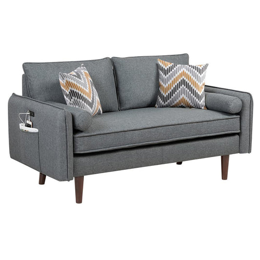 Mia Mid-Century Modern Gray Linen Loveseat Couch with USB Charging Ports & Pillows By Lilola Home | Loveseats | Modishstore