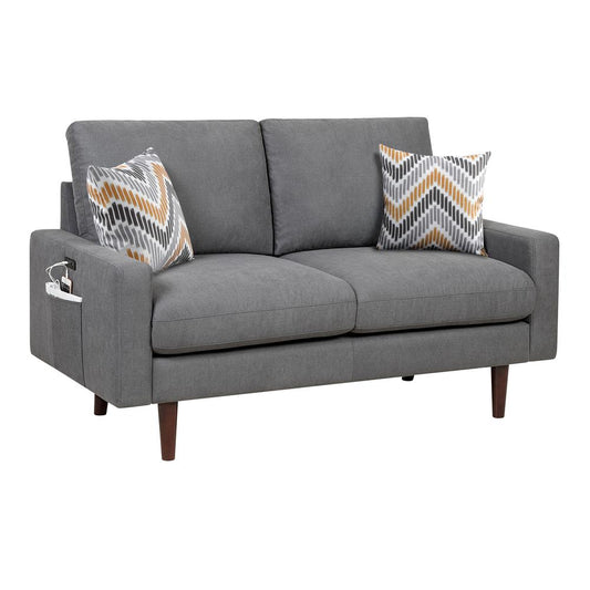 Abella Mid-Century Modern Dark Gray Woven Fabric Loveseat Couch with USB Charging Ports & Pillows By Lilola Home | Loveseats | Modishstore
