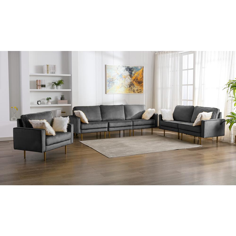 Theo Gray Velvet Sofa Loveseat Chair Living Room Set with Pillows By Lilola Home | Sofas | Modishstore