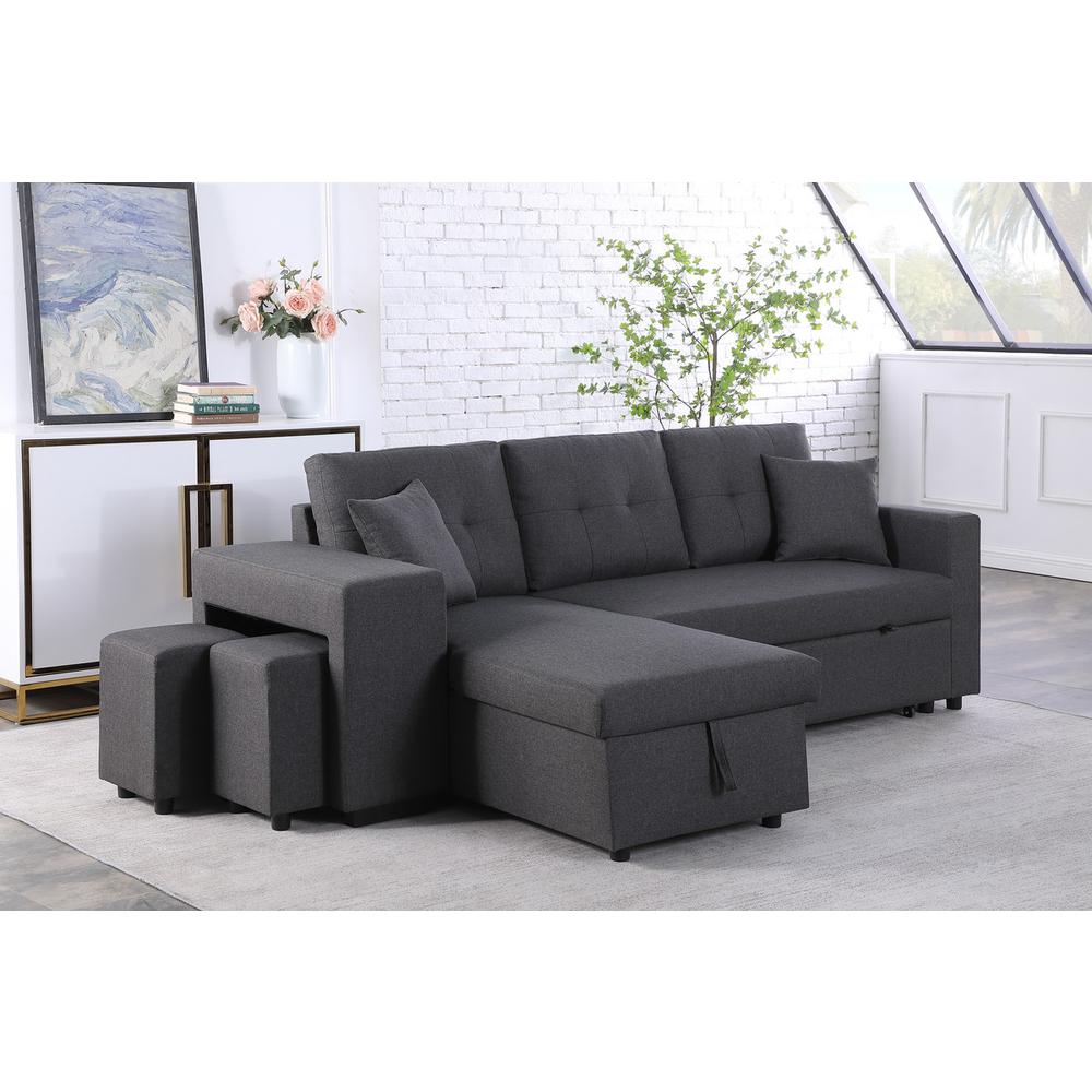 Dennis Dark Gray Linen Fabric Reversible Sleeper Sectional with Storage Chaise and 2 Stools By Lilola Home | Sofas | Modishstore-4