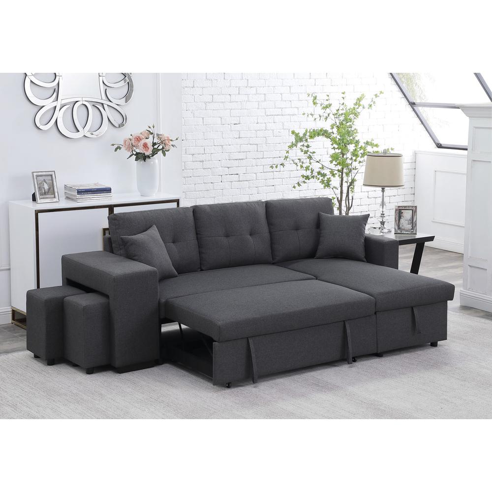 Dennis Dark Gray Linen Fabric Reversible Sleeper Sectional with Storage Chaise and 2 Stools By Lilola Home | Sofas | Modishstore-3