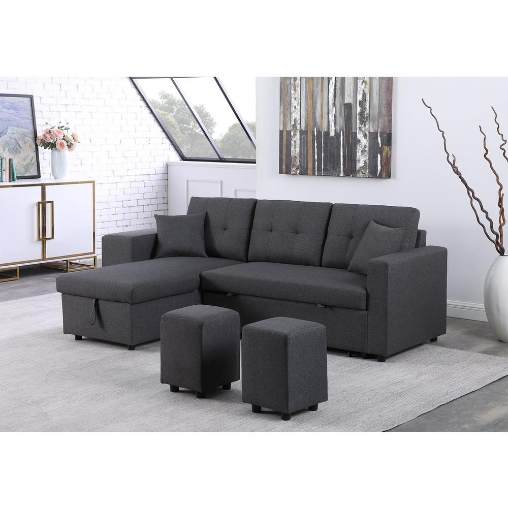Dennis Dark Gray Linen Fabric Reversible Sleeper Sectional with Storage Chaise and 2 Stools By Lilola Home | Sofas | Modishstore