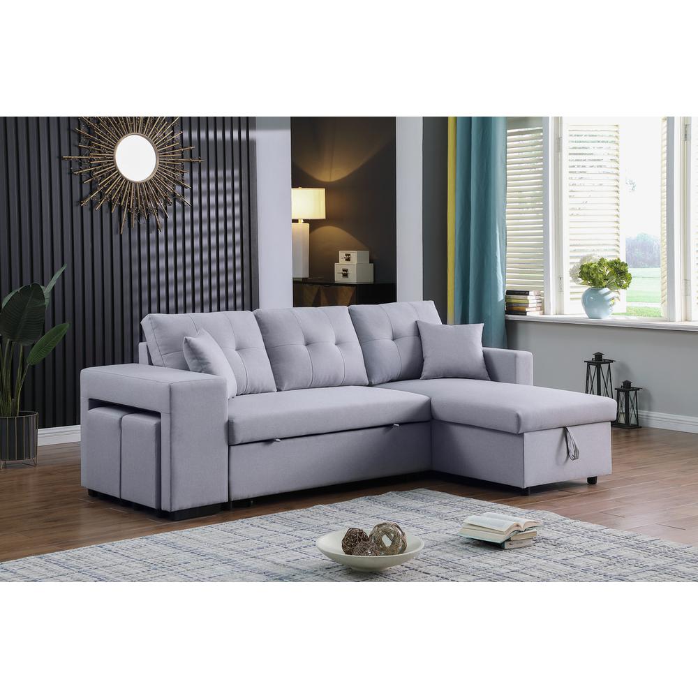 Dennis Dark Gray Linen Fabric Reversible Sleeper Sectional with Storage Chaise and 2 Stools By Lilola Home | Sofas | Modishstore-10
