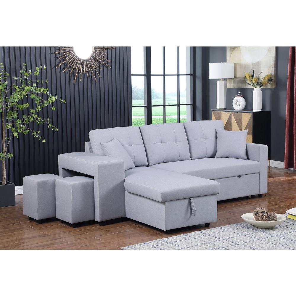 Dennis Dark Gray Linen Fabric Reversible Sleeper Sectional with Storage Chaise and 2 Stools By Lilola Home | Sofas | Modishstore-9
