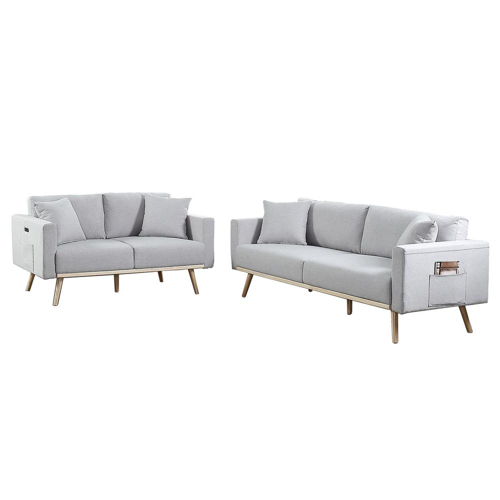 Easton Dark Gray Linen Fabric Sofa Loveseat Living Room Set with USB Charging Ports Pockets & Pillows By Lilola Home | Sofas | Modishstore-9
