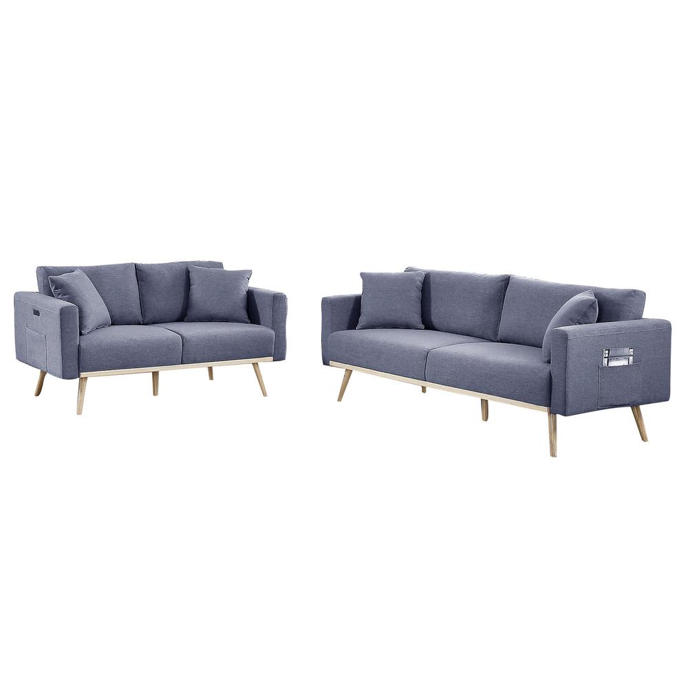 Easton Dark Gray Linen Fabric Sofa Loveseat Living Room Set with USB Charging Ports Pockets & Pillows By Lilola Home | Sofas | Modishstore