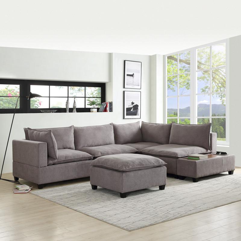 Madison Light Gray Fabric 6 Piece Modular Sectional Sofa with Ottoman and USB Storage Console Table By Lilola Home | Sofas | Modishstore