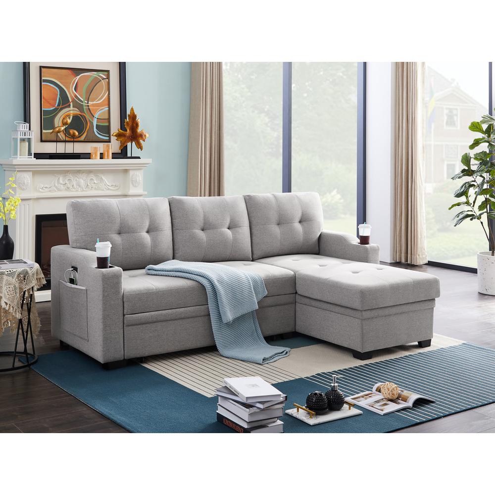 Mabel Light Gray Linen Fabric Sleeper Sectional with cupholder, USB charging port and pocket By Lilola Home | Sofas | Modishstore