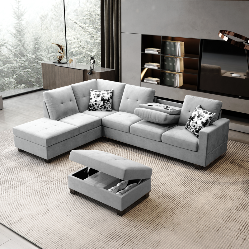 Remi Light Gray Velvet Reversible Sectional Sofa w/ Dropdown Table, Charging Ports By Lilola Home | Sofas | Modishstore