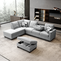 Remi Light Gray Velvet Reversible Sectional Sofa w/ Dropdown Table, Charging Ports By Lilola Home