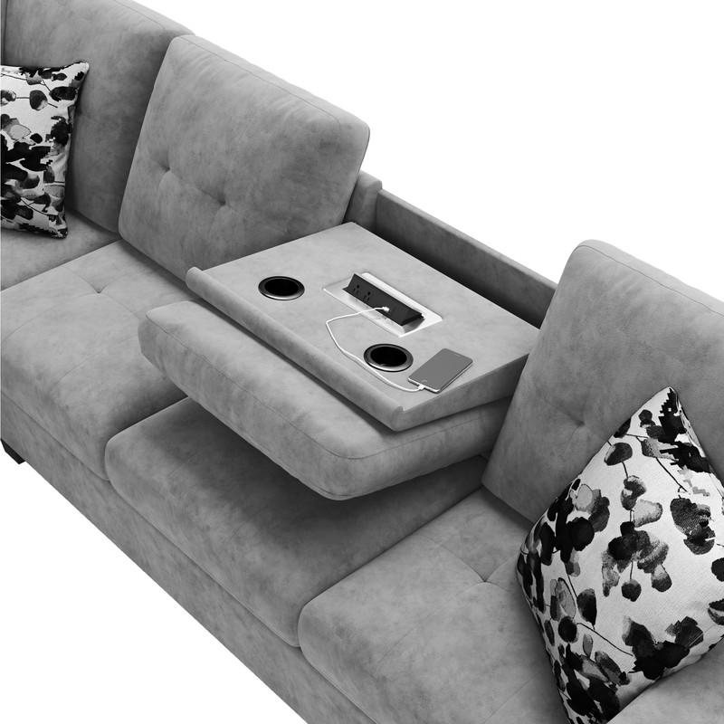 Remi Light Gray Velvet Reversible Sectional Sofa w/ Dropdown Table, Charging Ports By Lilola Home | Sofas | Modishstore-2
