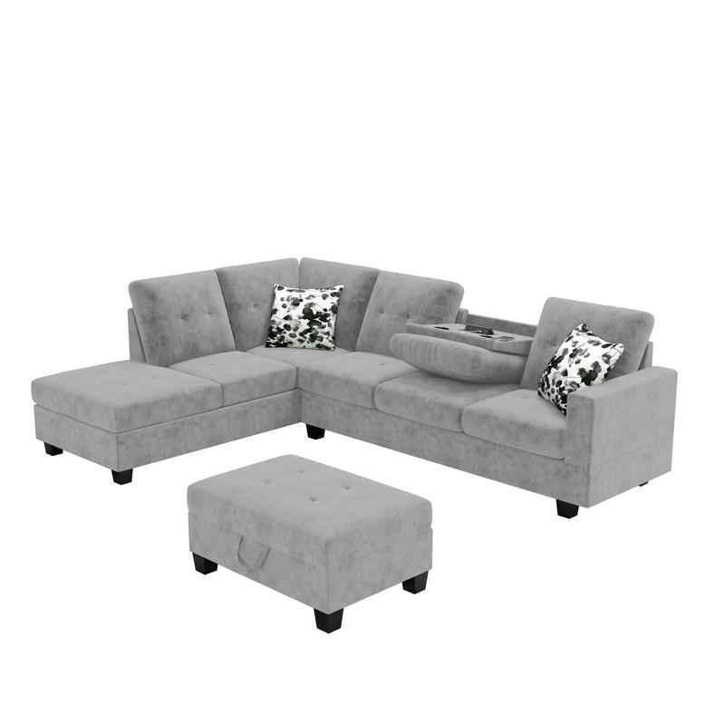 Remi Light Gray Velvet Reversible Sectional Sofa w/ Dropdown Table, Charging Ports By Lilola Home | Sofas | Modishstore-5