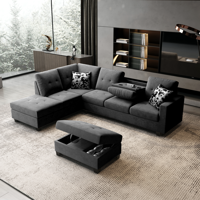 Remi Light Gray Velvet Reversible Sectional Sofa w/ Dropdown Table, Charging Ports By Lilola Home | Sofas | Modishstore-6