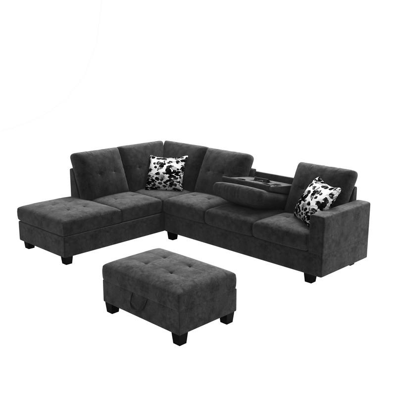 Remi Light Gray Velvet Reversible Sectional Sofa w/ Dropdown Table, Charging Ports By Lilola Home | Sofas | Modishstore-8