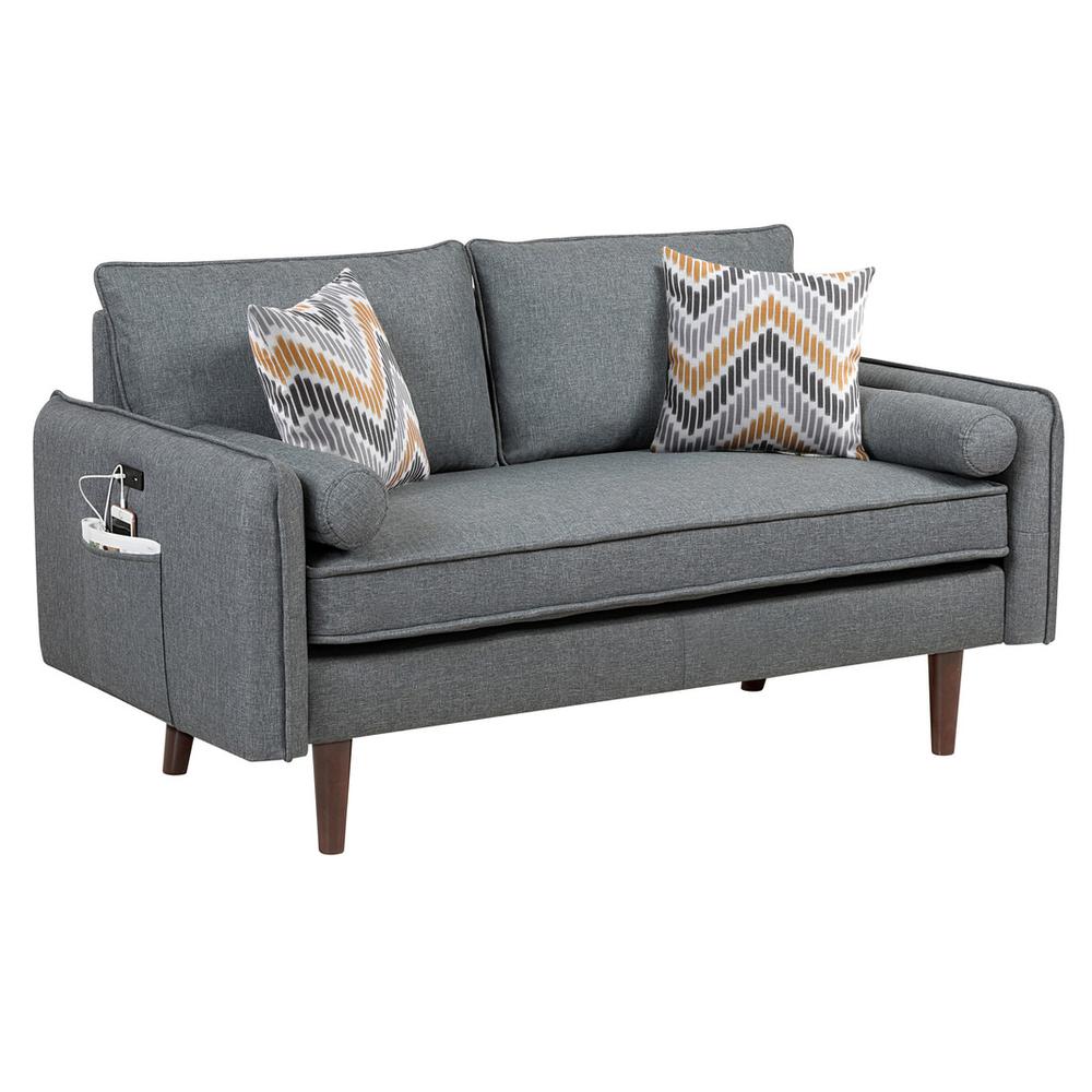 Mia Mid-Century Modern Gray Linen Sofa and Loveseat Living Room Set with USB Charging Ports & Pillows By Lilola Home | Loveseats | Modishstore-4