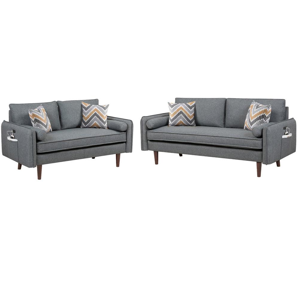 Mia Mid-Century Modern Gray Linen Sofa and Loveseat Living Room Set with USB Charging Ports & Pillows By Lilola Home | Loveseats | Modishstore